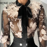Women Chic Floral Bowknot Lace up feather collar perspective Mesh Black