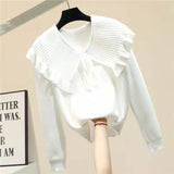 Fashion Women Sweaters Sweet Patchwork Ruffled Knitted Sweater Vintage Peter Pan Collar Pull Femme Winter Pullovers