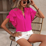 Women's Summer New V-Neck Casual Double-Layer Lotus Leaf Sleeve Solid Shirt