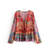 Queens Women Birds Floral Printed Long Sleeve Bohemian Blouse Shirts Ladies Rayon V-neck