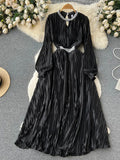 Autumn Women Satin Pleated Party Dress Vintage Diamonds Patchwork Hollow Out Lantern Sleeve Draped Elegant Robe