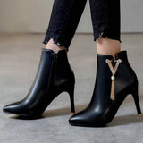 Autumn Women Chain Ankle Boots Sexy Thin High Heel Booties Pointed Toe Zipper Woman Boots Shoes Black White