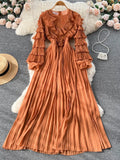 Winter Women Ruffle Pleated Long Dress Vintage Round Nec Puff Sleeve High Waist Draped Maxi Vestidos Green/Red/Purple