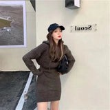 Streetwear Knitted Mini Dress Women Hooded Sweater A Line Dresses Winter Korean Solid High Waist Slim Casual Vestidos