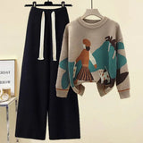 Winter 2 Piece Sets Womens Outfits Office Ladies Oversized Knitted Swerter And Wide Leg Pants Suits Knitting Two Piece
