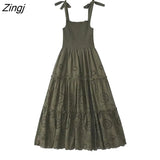 Women Fashion Hollow Out Embroidery Ruffles Elastic Slim Midi Dress Female Bow Tied Strap Vestidos Chic Clothing