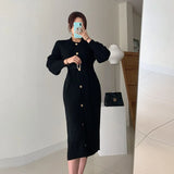 Elegant O-neck Single-breasted Women Solid Sweater Dress OL Style Long Sleeve Belted Knitted Mid-length Dress