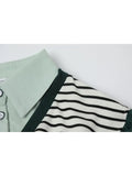 Women's Shirt Chic Vintage Blouses Casual Polo-Neck Long Sleeve Loose Female Striped Patchwork Blouses Fake Two