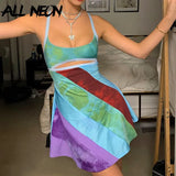 Vintage 90s Striped Patchwork Hollow Out Cami Dresses Aesthetics Cut Out A-line Mini Dress Summer Sexy Clubwear