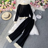 Temperament Knitted Suit Women Elegant V-neck Cardigan Knitted Jacket + High Waist Wide-leg Pants Two-piece