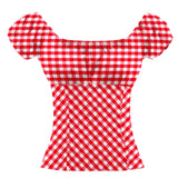 Women Shirt Cotton Short Sleeve Red Plaid Polka Dot Print Clothings Party 50s 60s Retro Vintage Kawaii Checkered