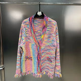 Autumn New Arrivals Long Sleeve V Neck Single Breasted Buttons Rainbow Colorful Loose Knitteding Cardigans Coat