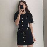 Summer Girls Fashion Sheath Short Sleeve Buttons Thin Dresses Tops Ladies Mini Patchwork Elastic Sweater
