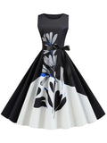 Butterfly Print Women Summer Midi Dress Sleeveless Vintage Retro Pin Up Party Robe Rockabilly