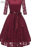2023 Autumn Lace Dresses Femme 3/4 Sleeve V-Neck Women Red Dress Hollow Out Female Robes Big Size 2XL Vestidos de
