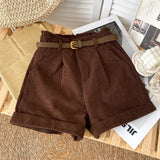 Rolled Wide-leg Shorts Women Korean Retro Elastic Waist Loose Casual Short Pants With Belt Loose A line Shorts