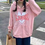 Women Letter Graphic Kawaii Harajuku Hoodies Pink Punk Emo Alt Sweatshirt Zip Up Aesthetic Indie Y2k Korean Fashion