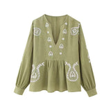 Spring V-Neck Lantern Sleeves National Style Embroidery Shirt Trend