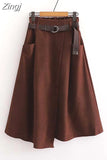 Women Elegant Chic Split Midi Skirt Autumn Winter Solid Elastic High Waist Casual Office Lady A Line Long
