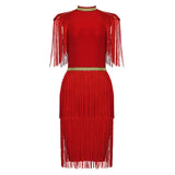 New Summer Women Tassel Bandage Dress Black Red Sexy O Neck Short Sleeve Celebrity Evening Club Mini Party Dresses