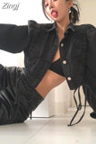 Black Gray Denim Jackets Women Crop Tops Washed Coats Bandage Slim Fit American Drawstring Short Jaqueta