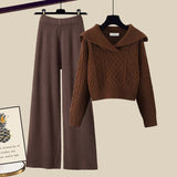 Winter Thick Knit Two Piece Sets Women Outfits Ladies Elegant Twist Knitted Sweater And Wide Leg Pant Sets Women