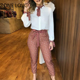 Women Spring Long Sleeves Tied Blouse Top & Polkadot Print Pants Set Casual 2 Pieces