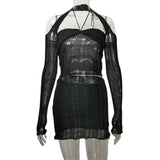 2025 New Knitted Hollow Tice With Cuffet Wrapped Chest Umbilled Tumice Skirt Knitted Suit