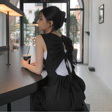 Hollow Out Dress Women Elegant Solid Sleeveless A Line Midi Dresses Summer Korean Drawstring Backless Sundress