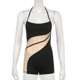 Women Patchwork V-neck Bodysuit Spaghetti Strap Mesh Hollow Out Jumpsuit Female Outfits Sleeveless Tops Nightclub