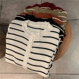 Striped Women Pullover Sweater Fashion Button Long Sleeve Knitted Slim Korean Jumper Causal High Elastic Ladies