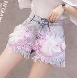 Styles Embroidery Ripped Denim Shorts 3D Floral High Waist Jeans Short Femme 2023 New Frayed Hole Shorts Women Summer