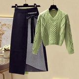 Women Autumn Winter Warm Knitted Two Pieces Sets Korean Long Sleeve Pullover Sweater Top And High Waist Skirts