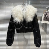 2022 Winter New Arrival Lambswool Fur Collar Bright Cotton Liner Short Jacket Women Warm Coat