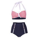 Stripe Tankini Set Bowknot Tummy Control Retro Padded Bikinis Set High Waisted Sailing Style Pin Up Bathing