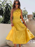 Spring/Summer Ladies' Dress with Missing Shoulder and Inclined Collar Sexy Big Swing High Waist Solid Color Irregular