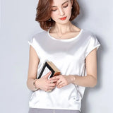 New Silk Blouse Women Tops Fashion Elegant O-neck Short sleeve Solid Shirt Women Blouses Summer Casual Blusas