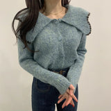 Fashion Women Sweaters Sweet Patchwork Ruffled Knitted Sweater Vintage Peter Pan Collar Pull Femme Winter Pullovers