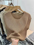 Top Women Summer Ice Silk Solid T-shirt Sleeveless Knit Top Women French Top 2023 Slim Bottom Shirt Elegant Blusas