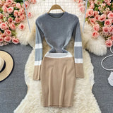 Winter 2021 Simple Warm Tight Dress Elegant Office Lady Dress Long Sleeve High Waist Pencil Stretch Knit Dress