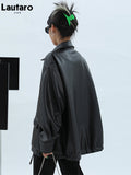 Spring Autumn Oversized Casual Waterproof Black Soft Pu Leather Jacket Women with Drop Shoulder Long Sleeve Fashion