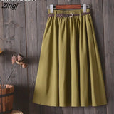Knee Length Midi Summer Skirt Women With Belt 2022 Korean Ladies Blue Black Red High Waist Pleated School Skirt