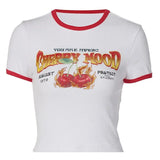 Kawaii Y2K Retro Patchwork Graphic Baby Tees Indie Aesthetics Cute Letter Cherry Print Ribbed Short Sleeve Crop Tops