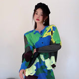 Color Block Pleated Skirt Two Piece Sets Womens Outifits 2022 Spring High Waist Long Skirt And Blouse Designer