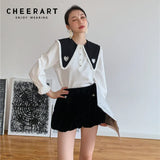 2 Piece Sailor Collar Vintage White Long Sleeve Top And Blouse Women Lantern Sleeve Cut Out Ladies Top Designer