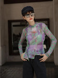 Aesthetic Crewneck Long Sleeve Mesh Top Purple Green Blouse Women See Through Patchwork Top Designer Fashion