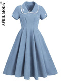 Pinup Casual Summer Tunic Midi Dress 50s 60s Vintage Solid Elegant Sleeve A-Line Business Rockabilly Women Flare