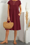 Neck Elegant Simple Short Sleeve Dress Summer Fashion Casual Dress for Women Cotton Linen Dresses 2023 Office Lady Robe