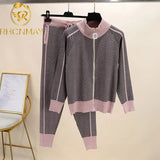 Quality New Winter Woman Tracksuit Geometric stripeTurtleneck Zipper Knitted Cardigans + Pants Women Two piece