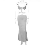 Sexy Hollow Out Two Piece Set For Women Dress Set Outfits Summer Lace Up Crop Top And Long Skirt Matching Sets